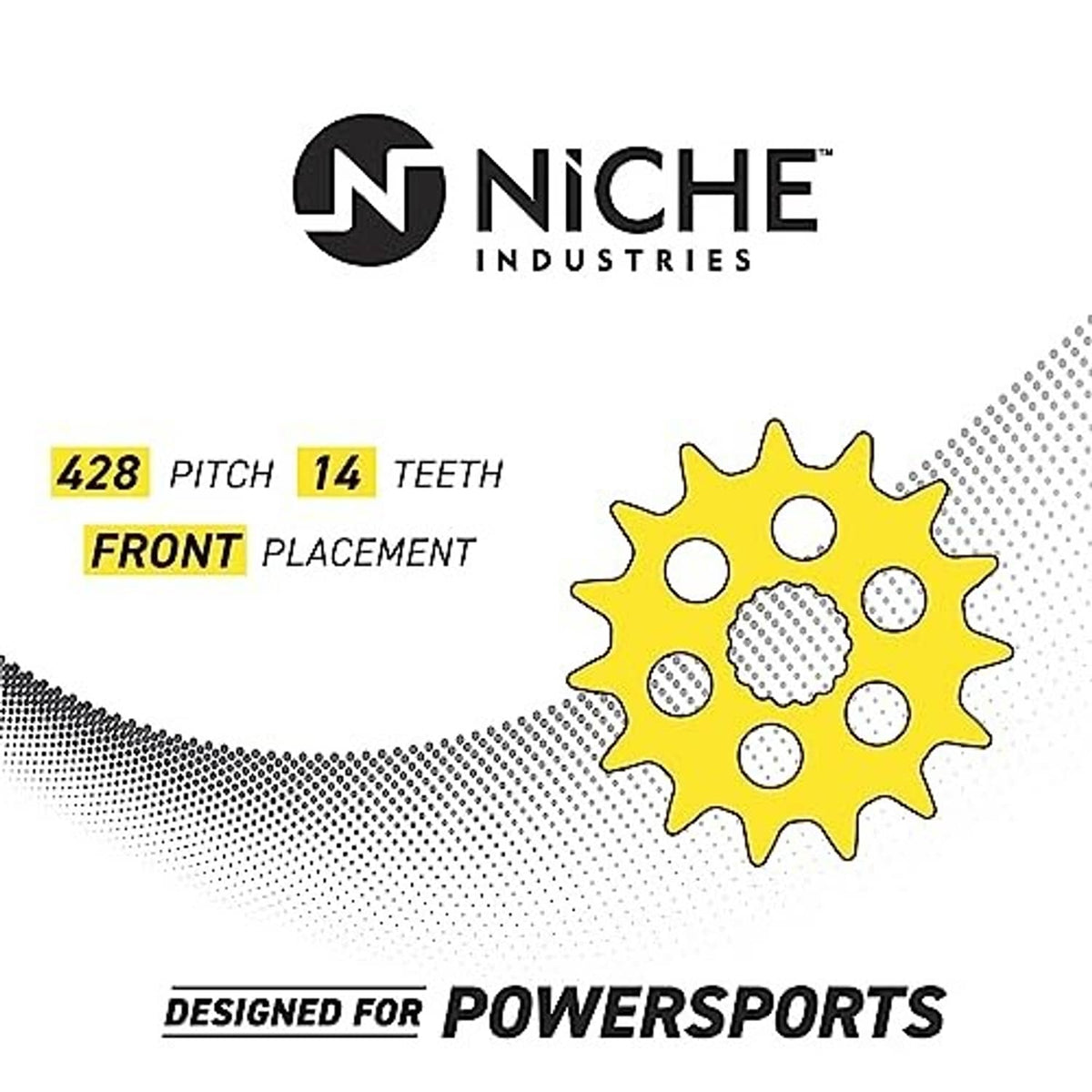 Front sprocket size graphic with tooth count and pitch layout
