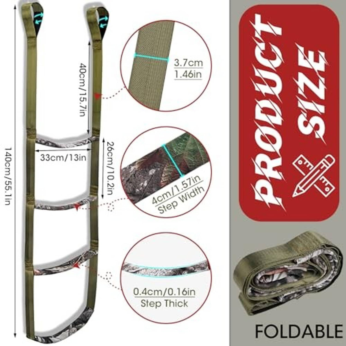 Green 4-step rope ladder style aider with three stitched step loops and adjustable straps