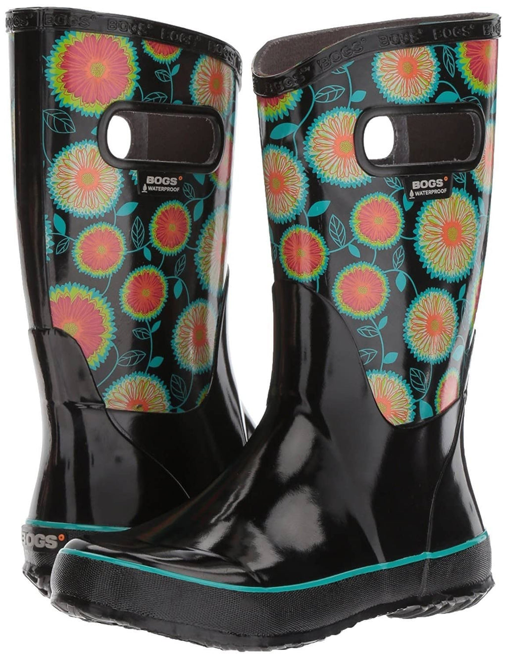 Pair of black floral rubber rain boots with teal trim