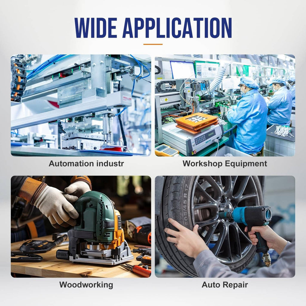 Push-to-connect fittings shown in workshop and auto repair application scenes