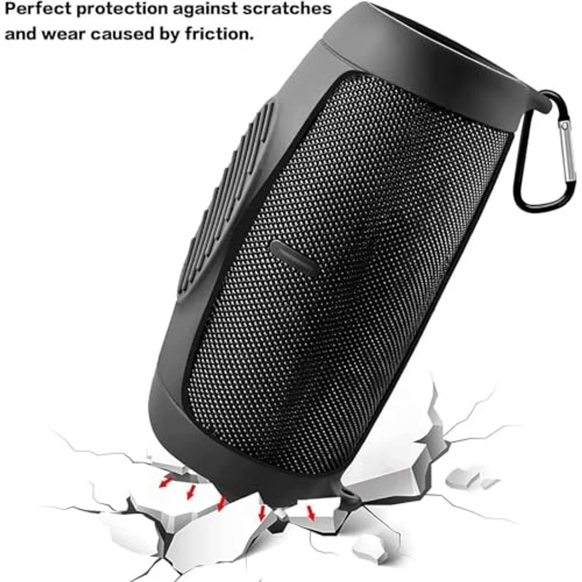 Black silicone speaker case cover with textured grip surface and carabiner loop