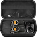 Black hard EVA walkie talkie case with tray inserts, two radios, and charging dock
