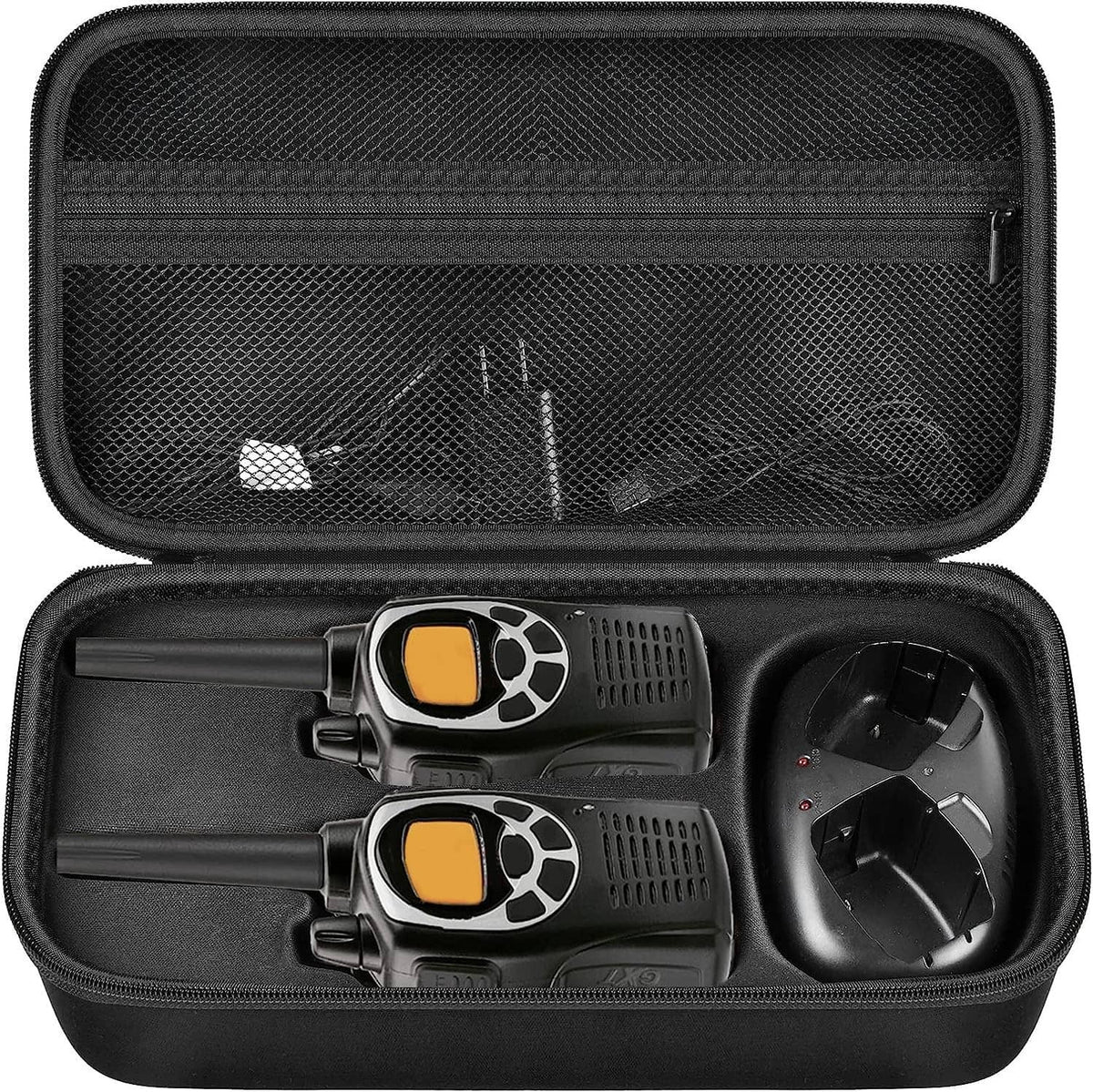 Black hard EVA walkie talkie case with tray inserts, two radios, and charging dock