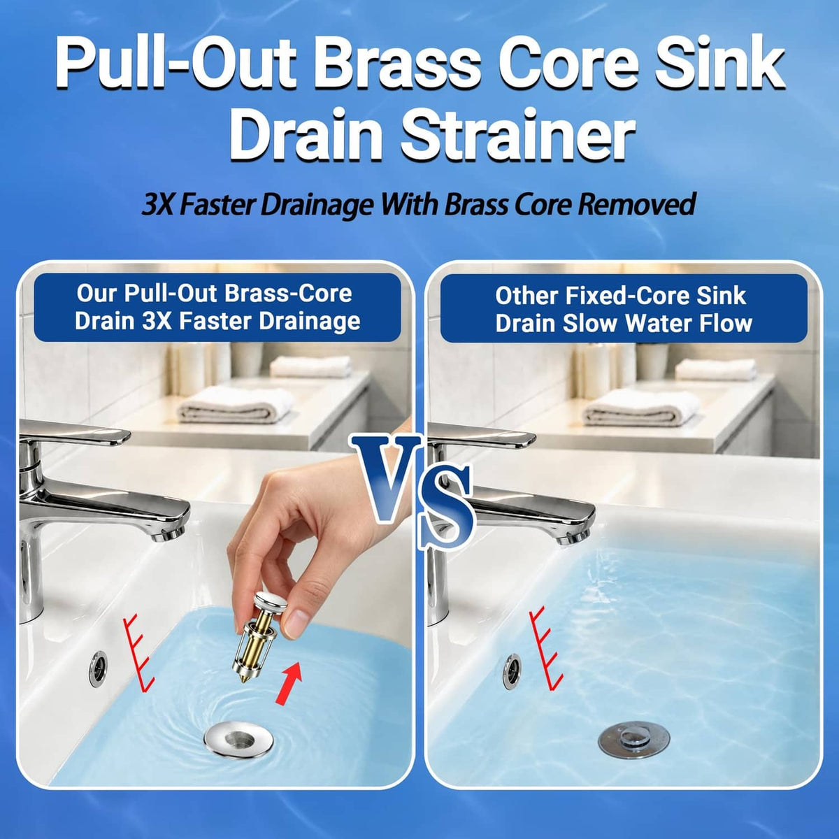 Chrome pop-up sink drain strainer with metal mesh basket and pull-out style core