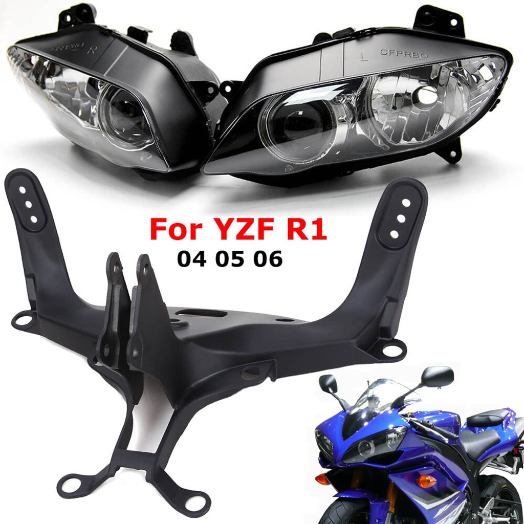 Dual front headlight housings with upper stay bracket, black mounting brackets