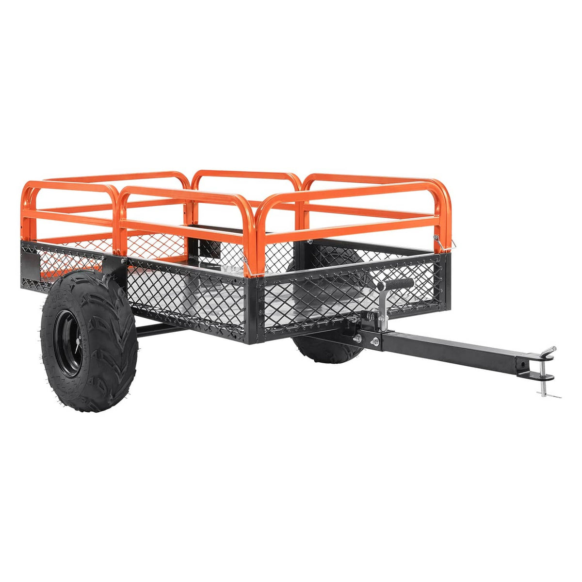 Orange steel tow-behind dump cart with mesh sides, black bed and tow hitch bar, single wheel