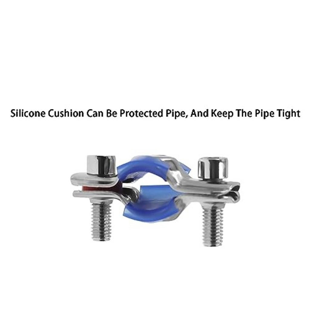 Stainless steel split-ring pipe hanger clamp with blue silicone cushion on bolts