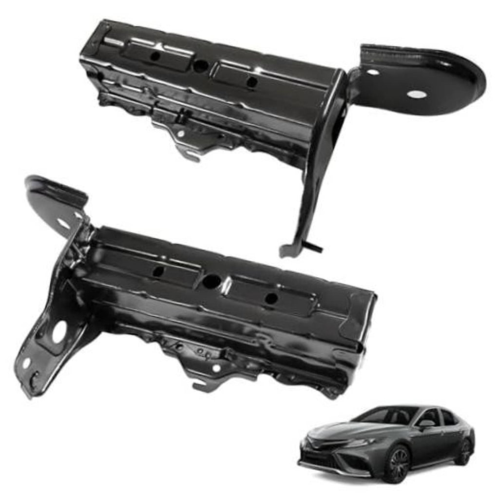 Pair of black front bumper mounting brackets with curved end caps and bolt holes