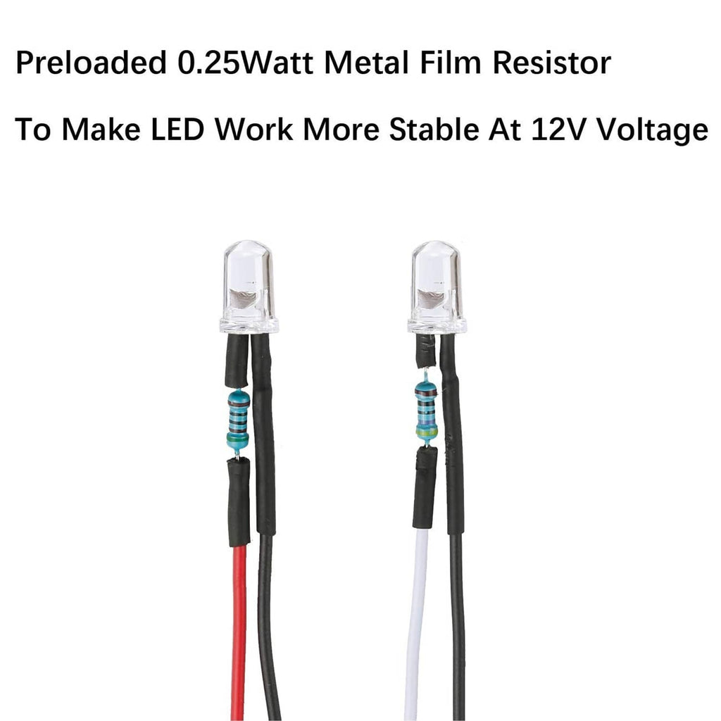 Pair of 3mm blue LED diodes with preloaded metal film resistors and colored leads