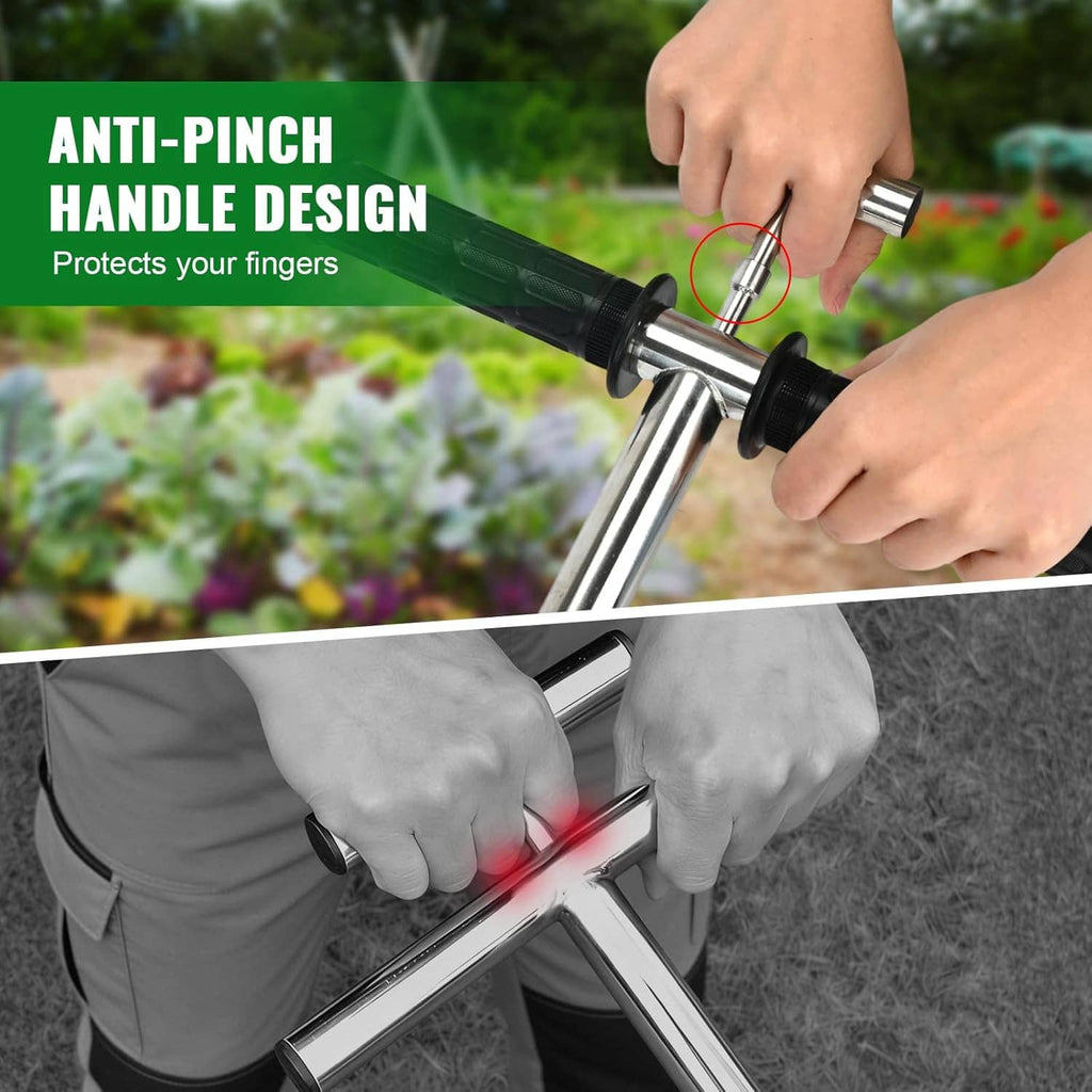 Soil sampler probe with anti-pinch T-handle grips and hand-held depth tool