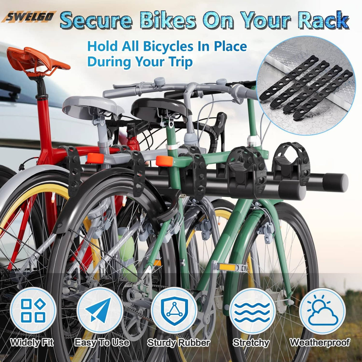 Black bike rack wheel stabilizer strap with circular hole pattern, mounted on rack