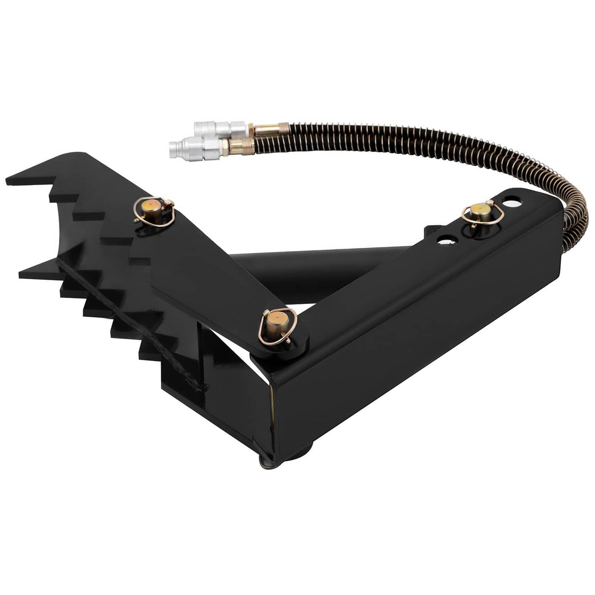 Black steel claw assembly with toothed backhoe thumb and hydraulic hose fittings