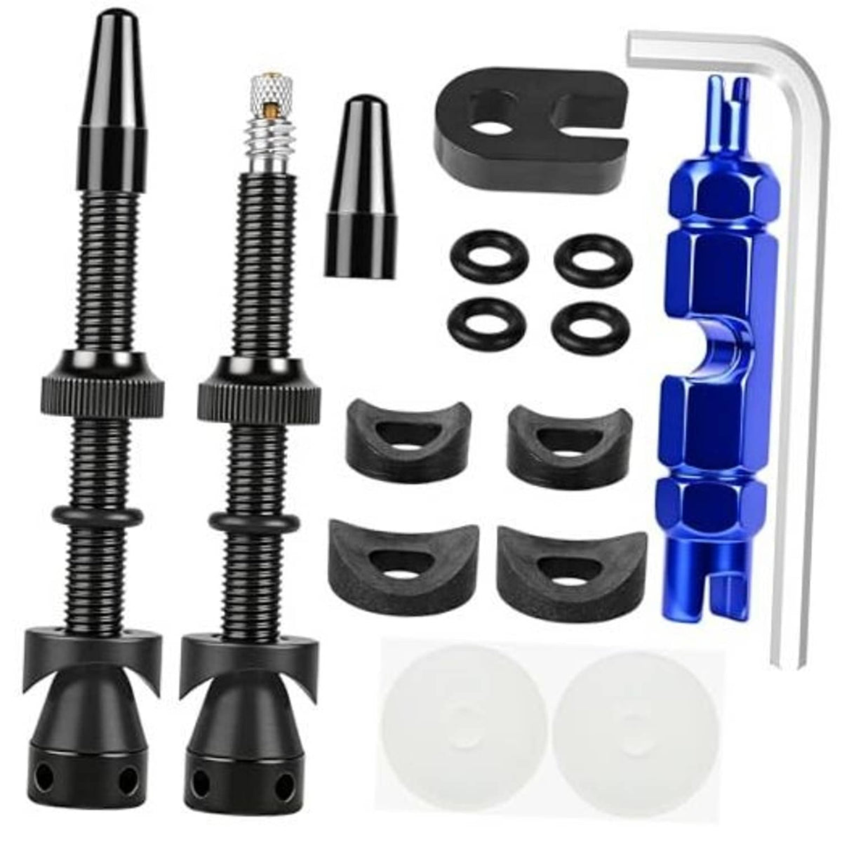 Tubeless Presta valve stem set with two 60mm black alloy valve stems, caps, and seals