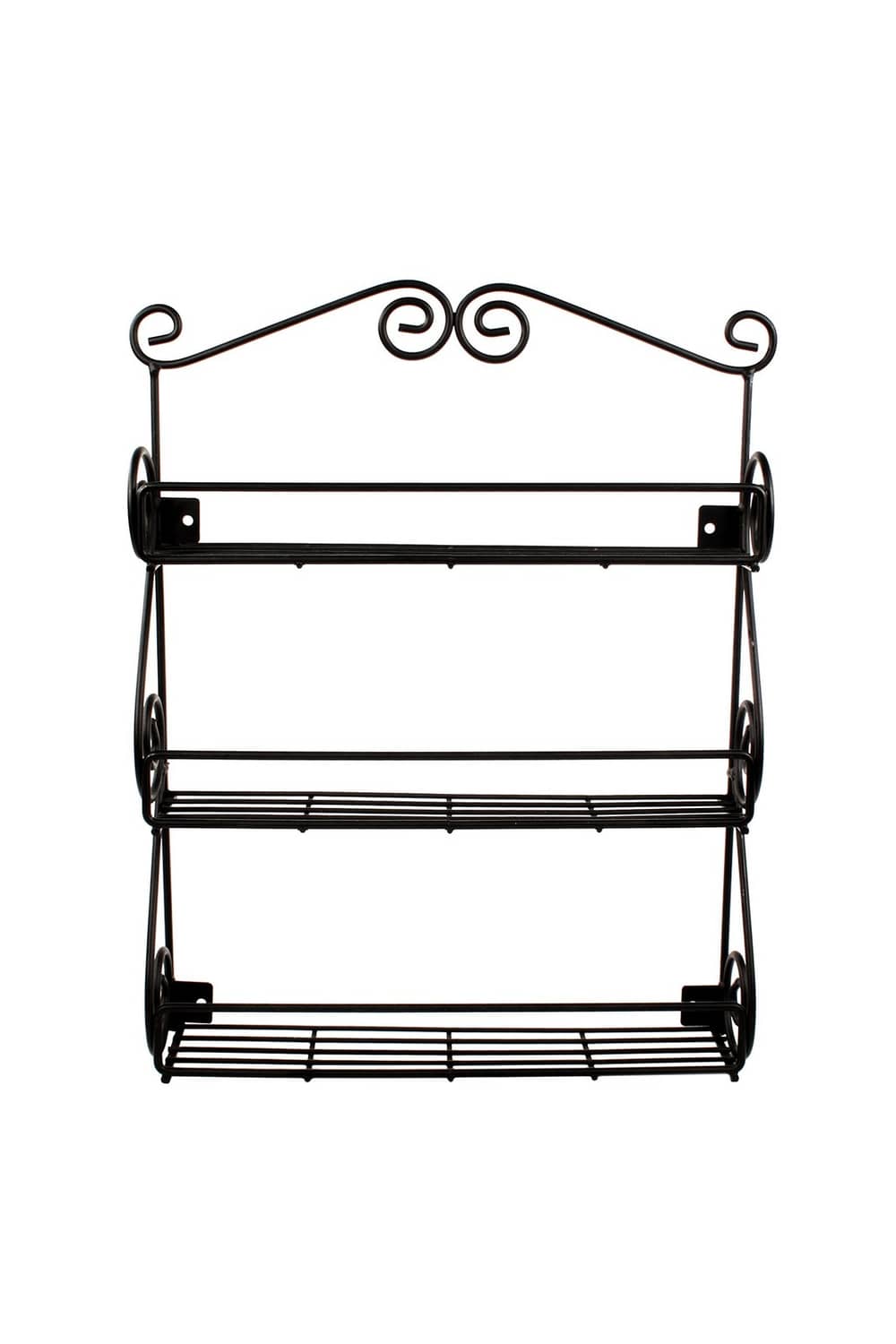 Black wall-mounted spice rack with three horizontal wire shelves and arched top bar.
