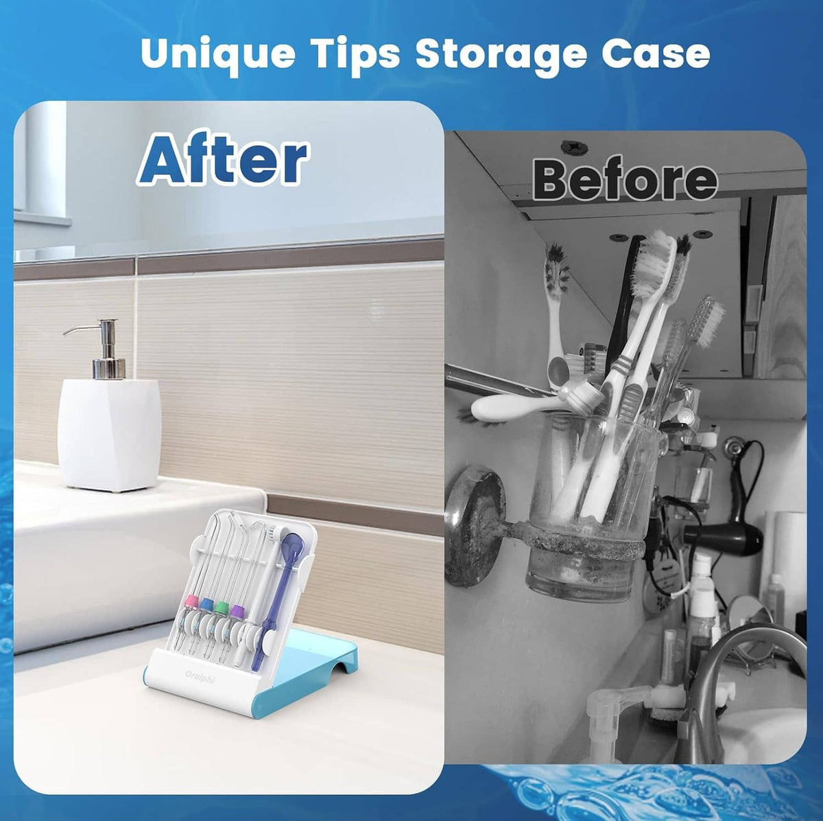 Water flosser tips storage case holding colored replacement heads