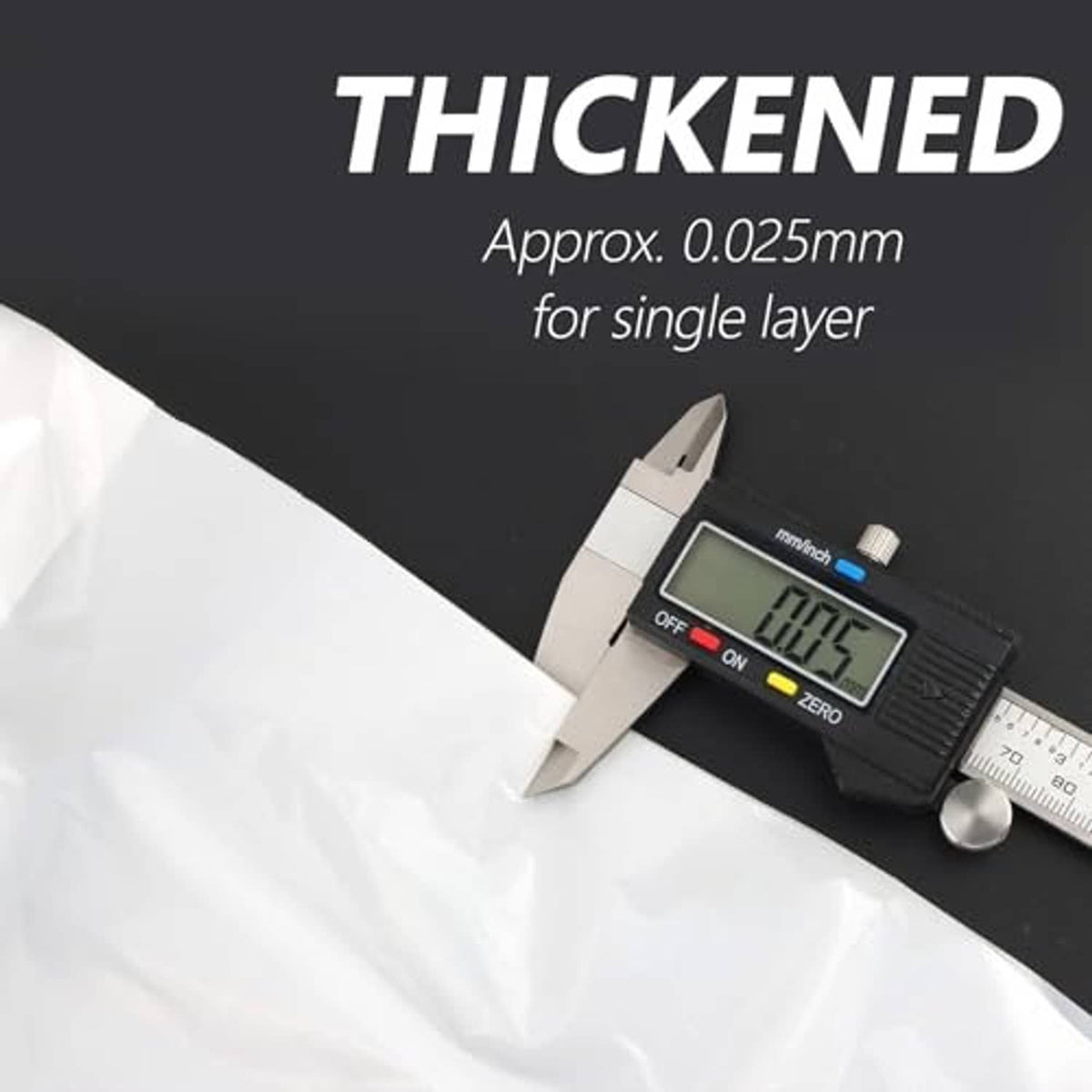 White LDPE tire storage bag sheet, thickness measurement shown with caliper