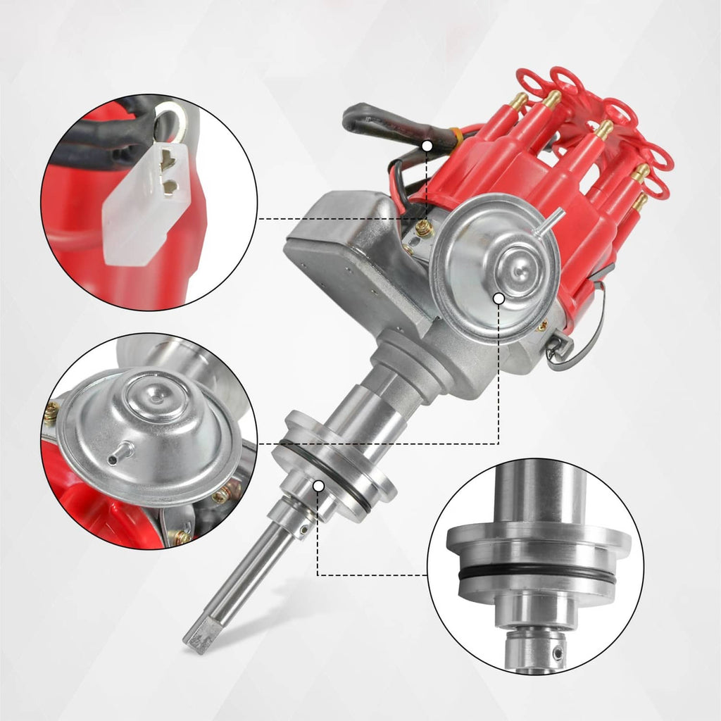 Electronic engine distributor with red cap, silver housing, and spark plug wire terminals