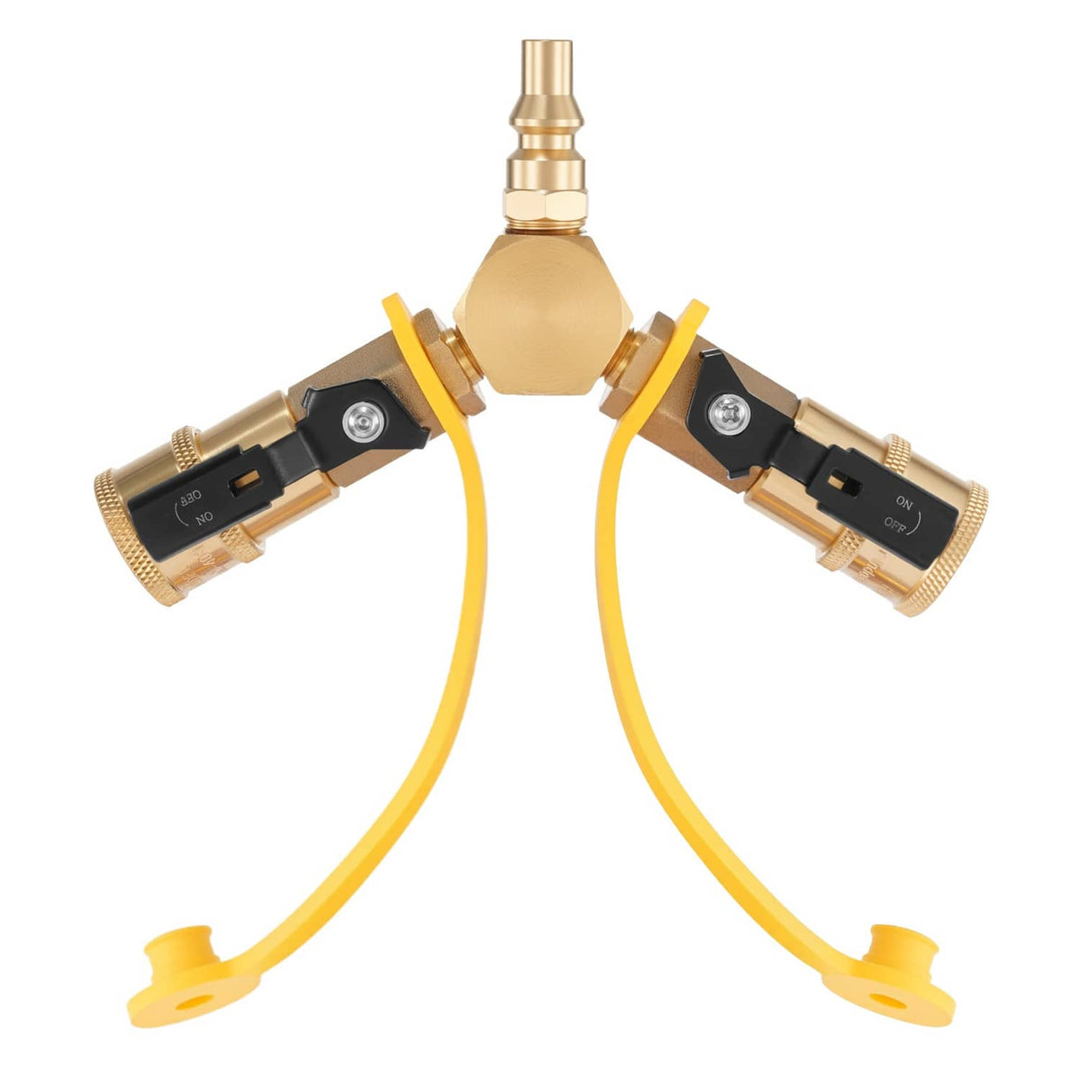 Brass Y-style propane splitter adapter with two quick-connect outlets and yellow hoses