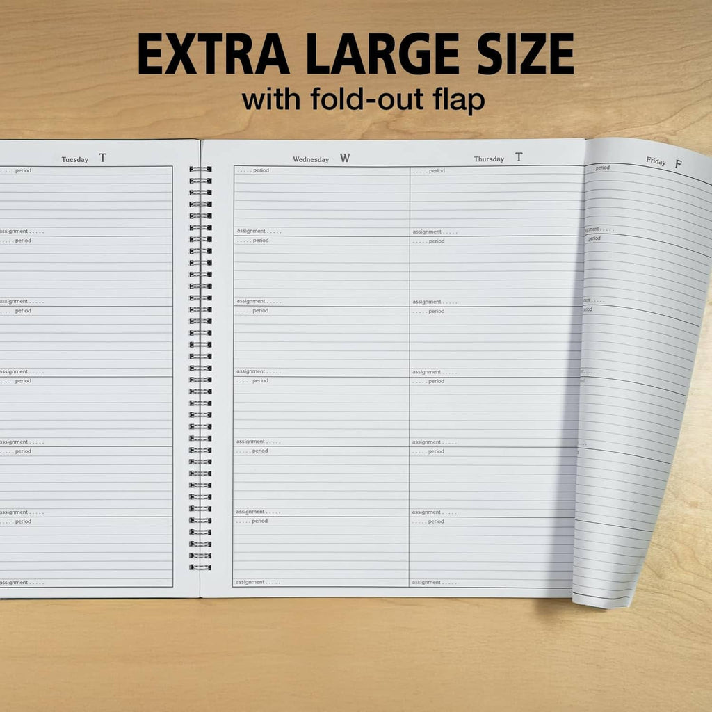 Open oversized lesson plan book pages with fold-out flap and wire-o binding.