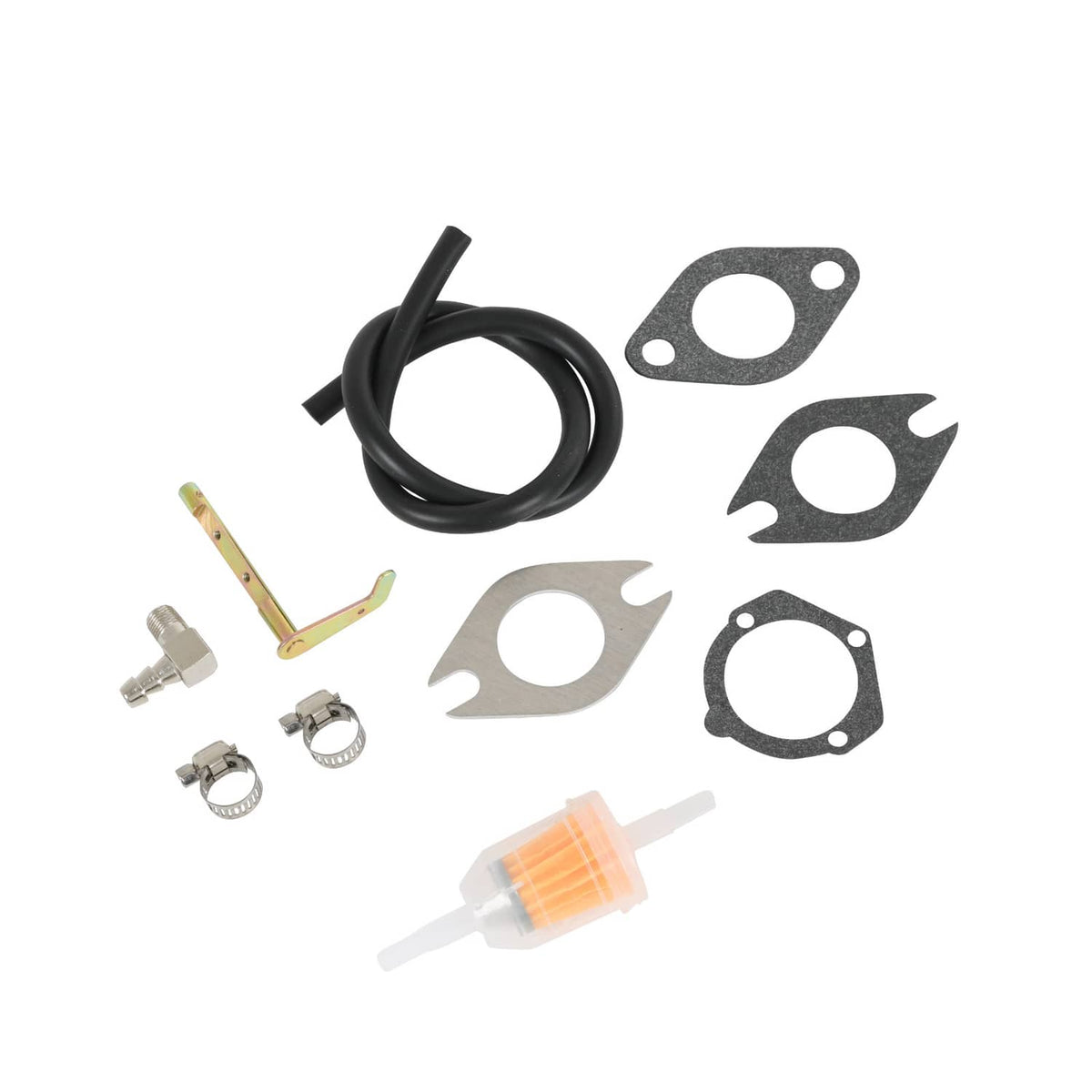 Carburetor accessory set with black fuel hose, gaskets, and fuel filter