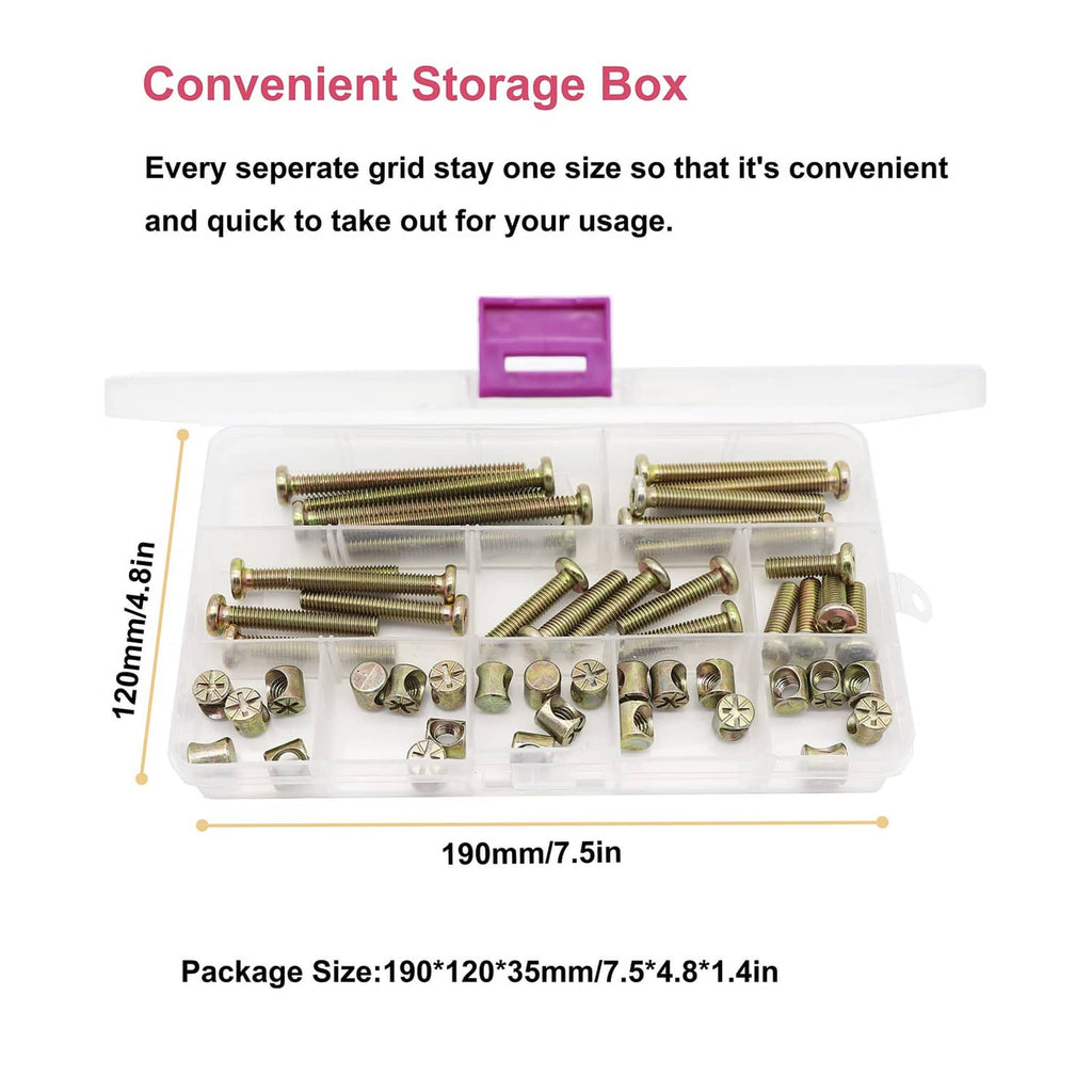 M6 crib hardware kit in clear storage box with purple handle, bolts and nuts inside