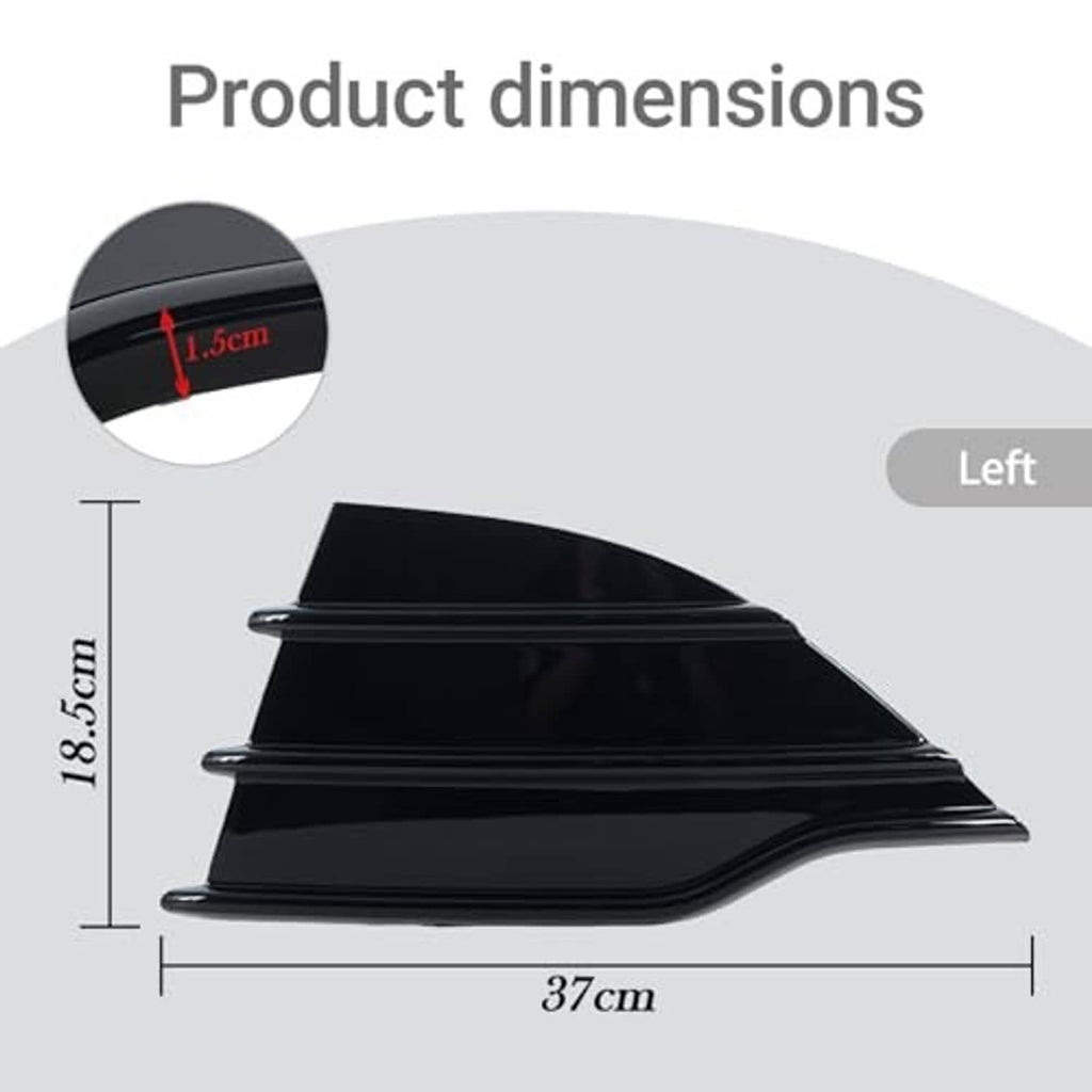 Black front bumper grille cover trim, left side, shown with size measurements