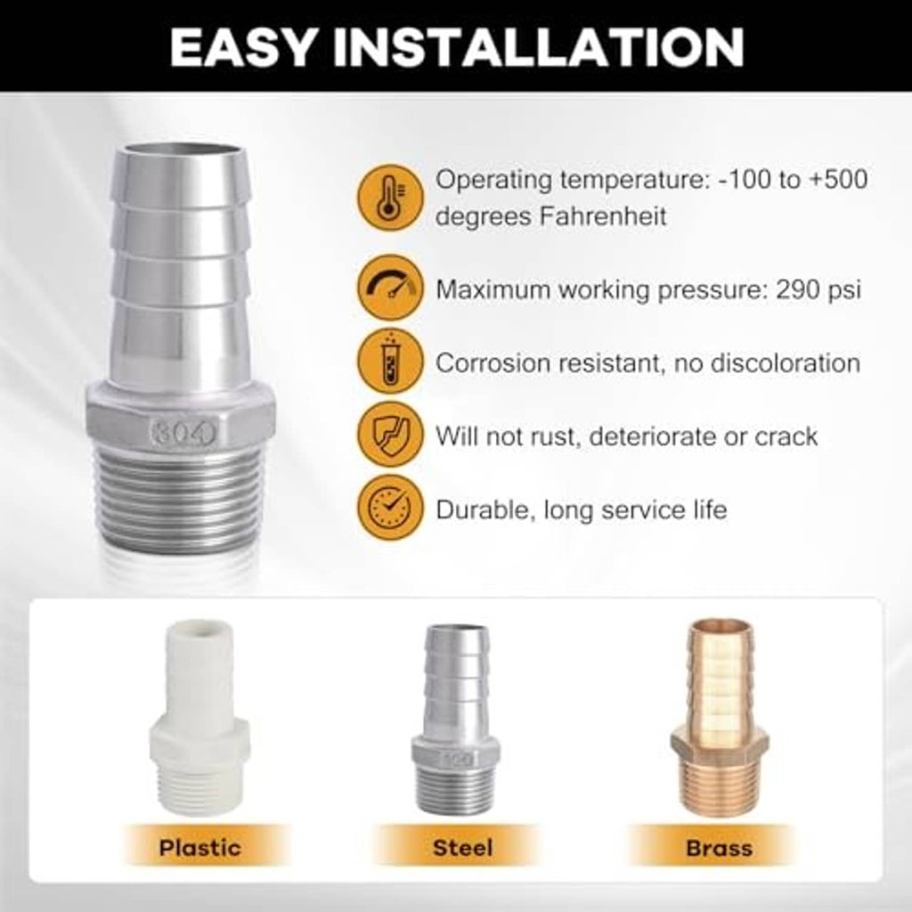 Stainless steel hose barb fitting with barbed end and male NPT threads, steel type shown