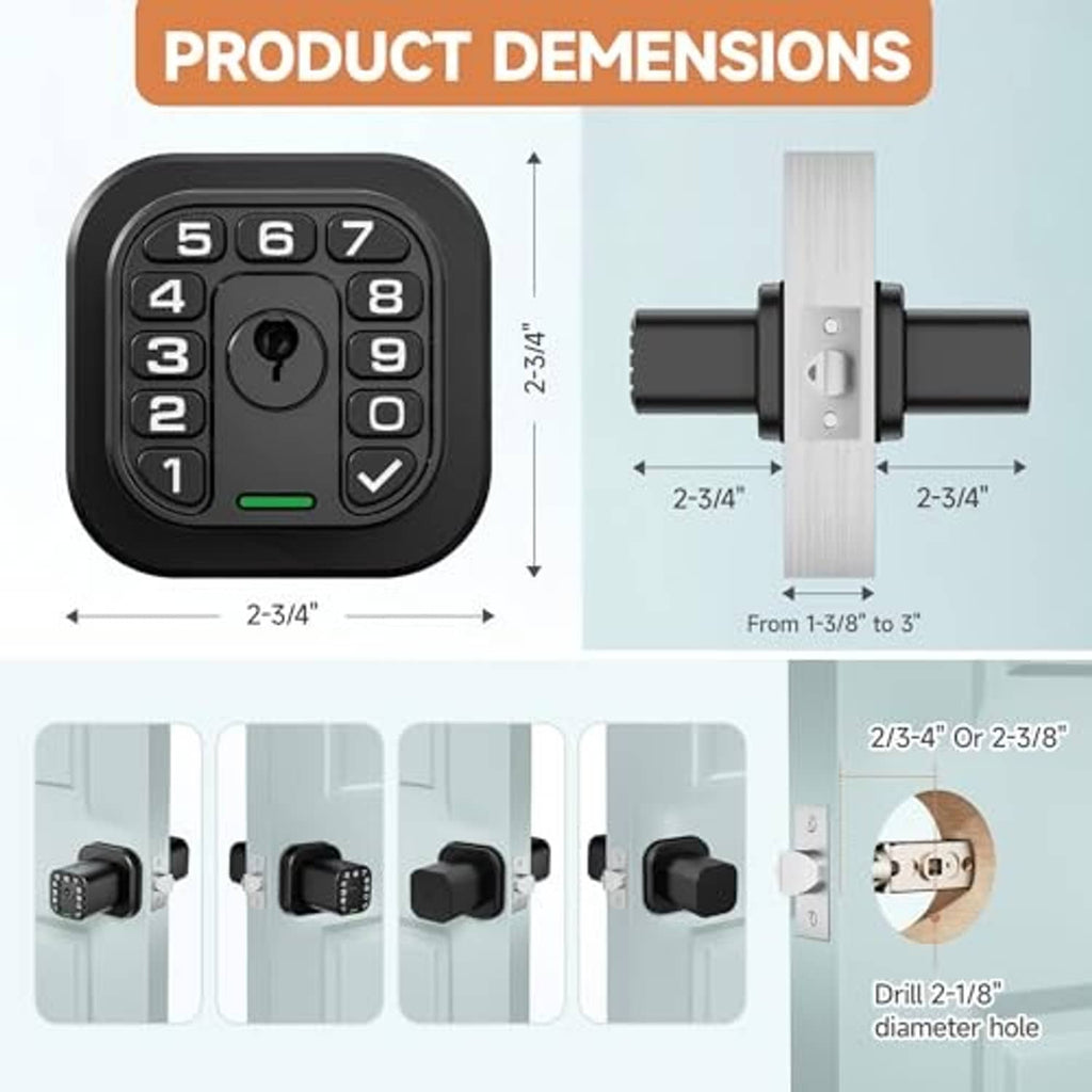 Matte black keypad door lock with key cylinder and product dimension layout