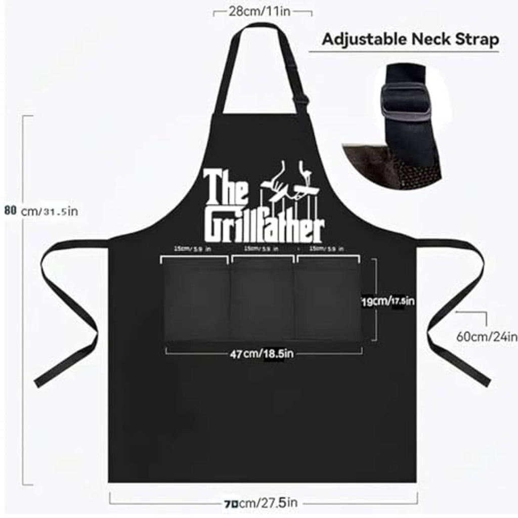 Black apron with 'The Grillfather' graphic, adjustable neck strap and long waist ties