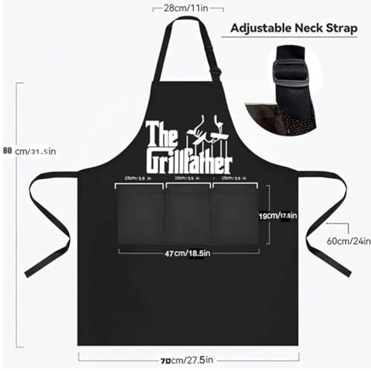 Black apron with 'The Grillfather' graphic, adjustable neck strap and long waist ties