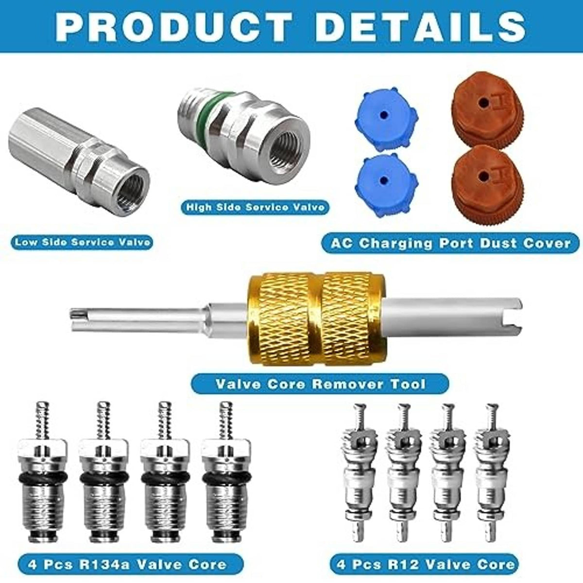 AC valve core remover tool kit with service valves, valve cores, and dust caps