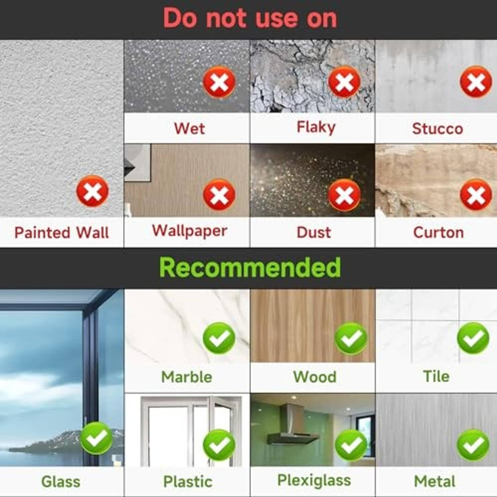 Large wall hook recommended for multiple hard surfaces shown with green check marks