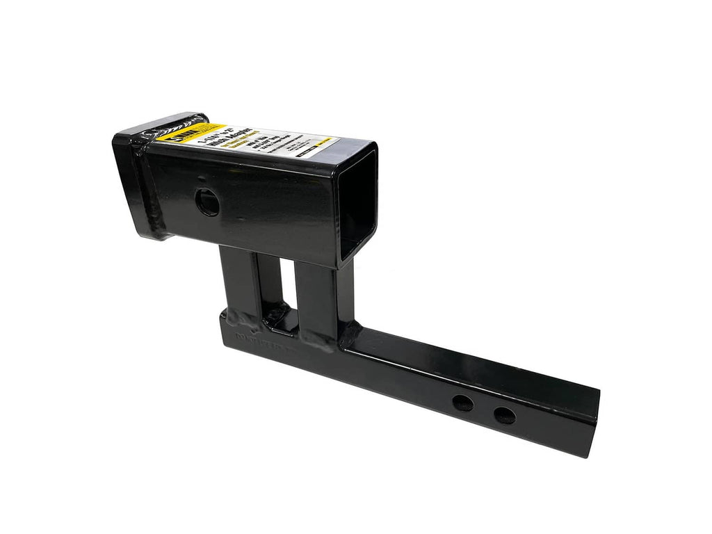 Black 2-inch receiver hitch extender adapter with angled receiver opening and two pin holes