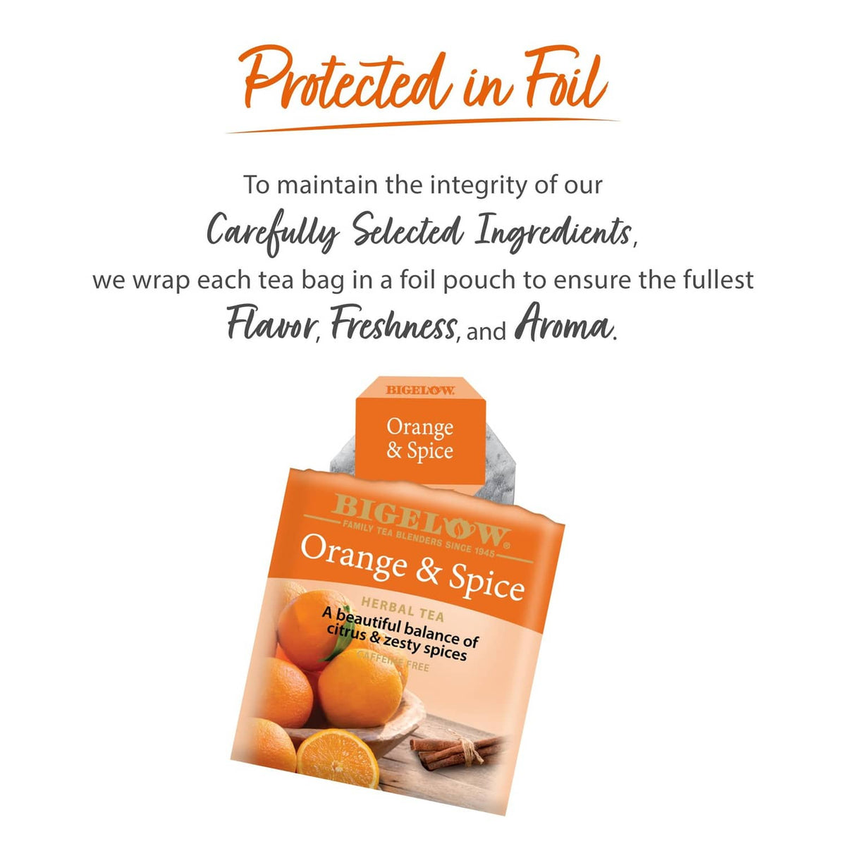 Orange & Spice herbal tea pouch with foil wrap, shown with tea bag packets