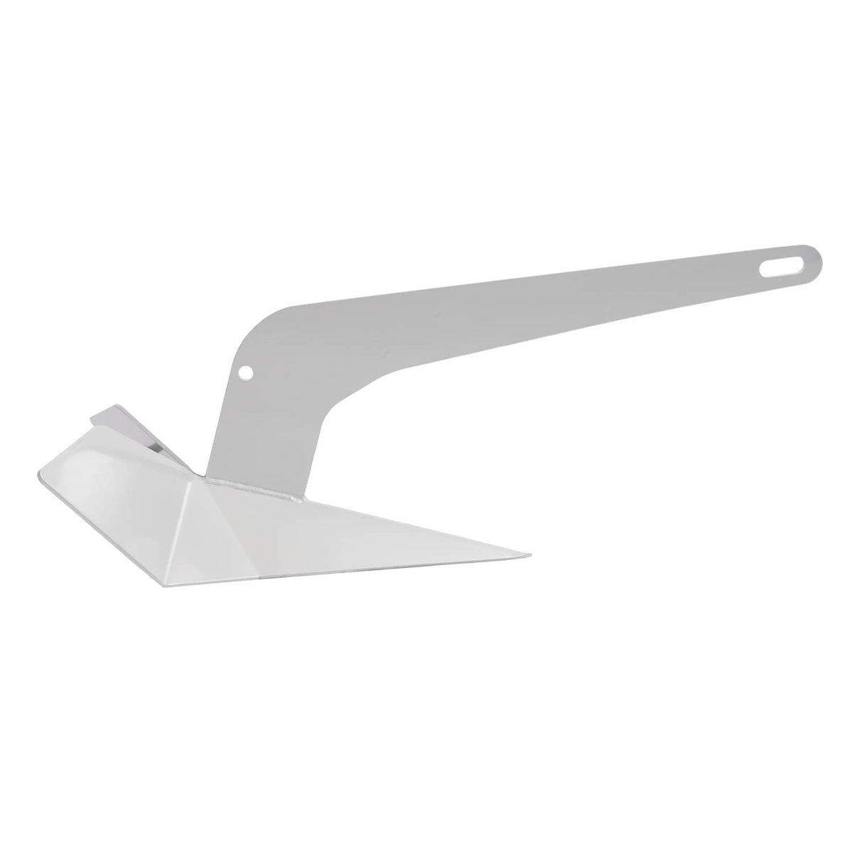 Triangular delta wing anchor in gray steel, long shank with mounting holes and flukes