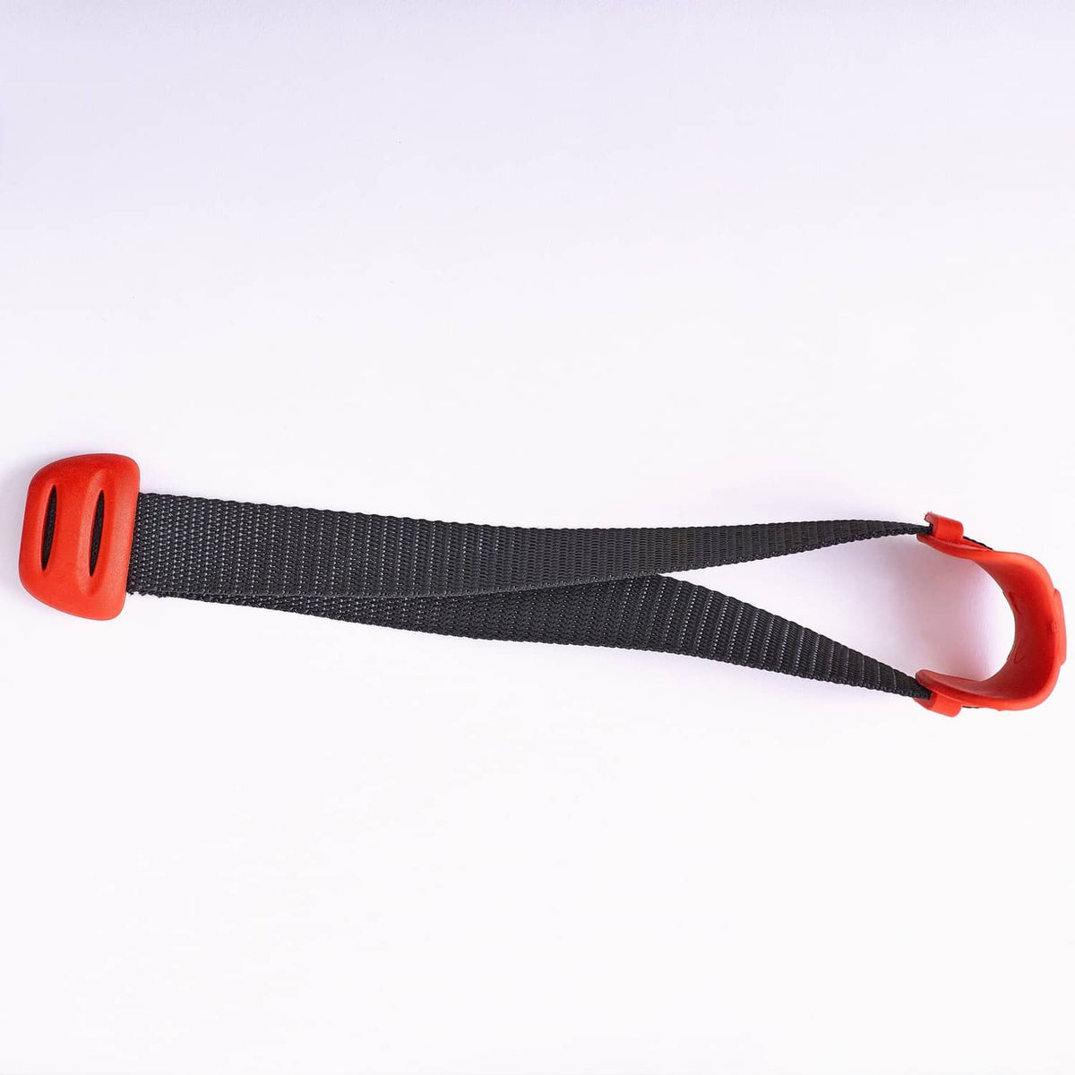 Door anchor strap with red adjustment loops and black webbing