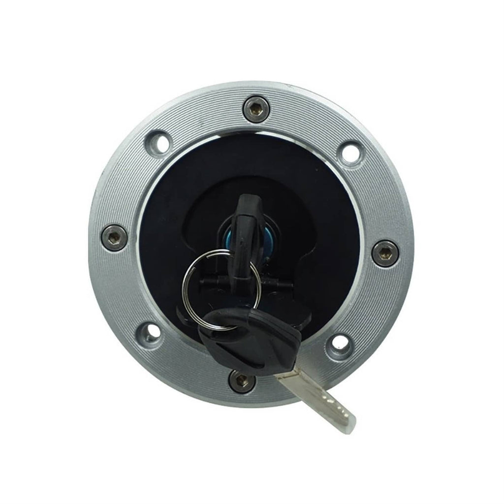 Round gas cap with key cylinder and keys; metal faceplate with bolt holes