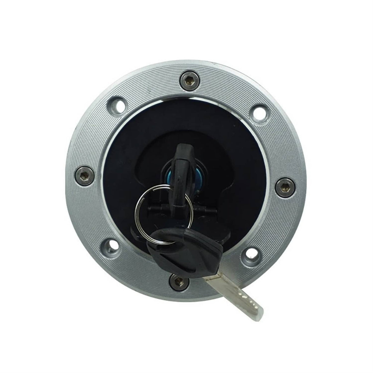 Round gas cap with key cylinder and keys; metal faceplate with bolt holes
