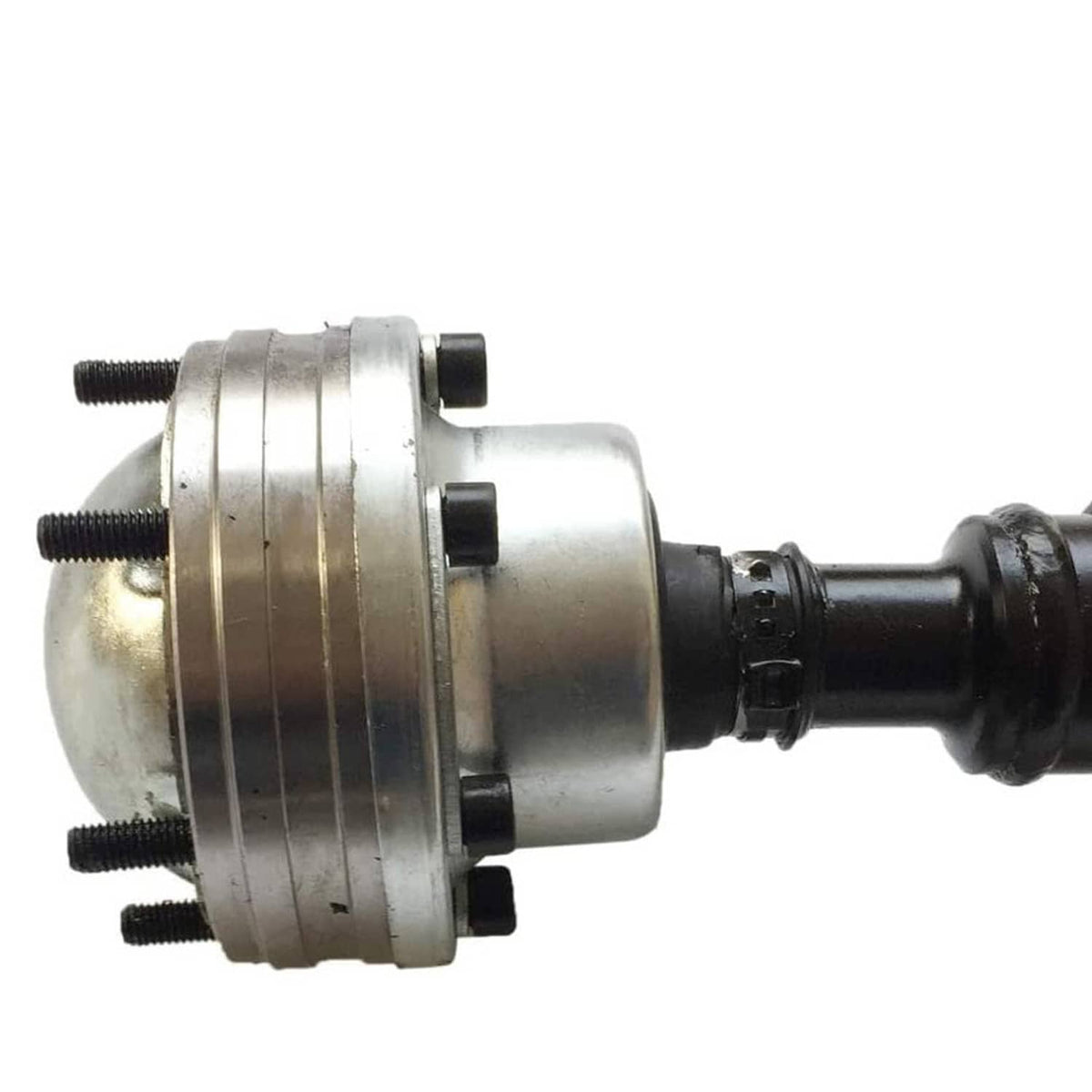 Front drive shaft joint housing with silver ring body and black booted coupling end.
