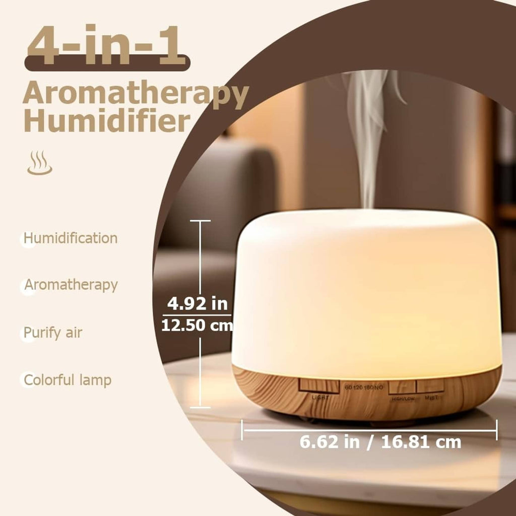 Ultrasonic essential oil diffuser on tabletop with warm glow and rising mist