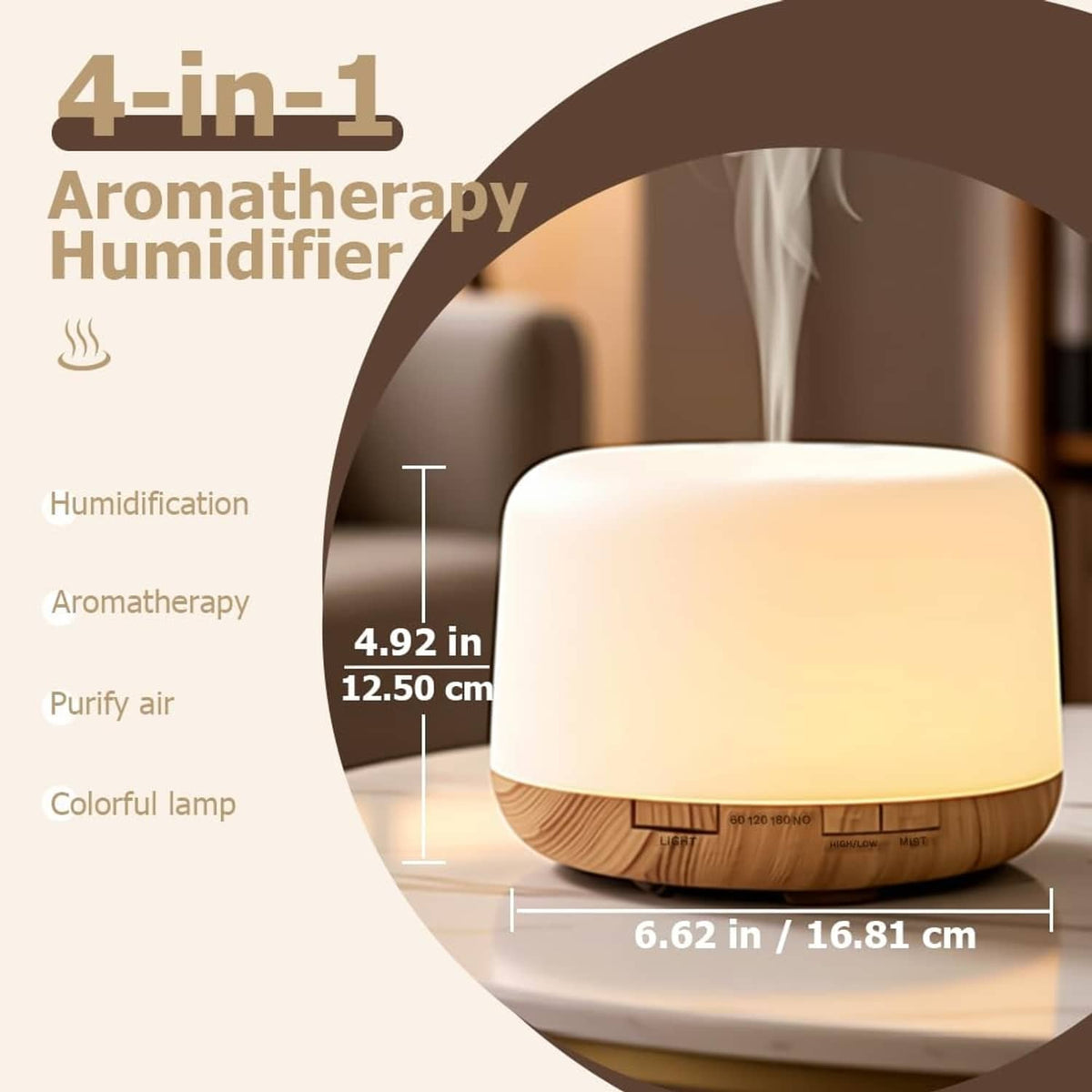 Ultrasonic essential oil diffuser on tabletop with warm glow and rising mist