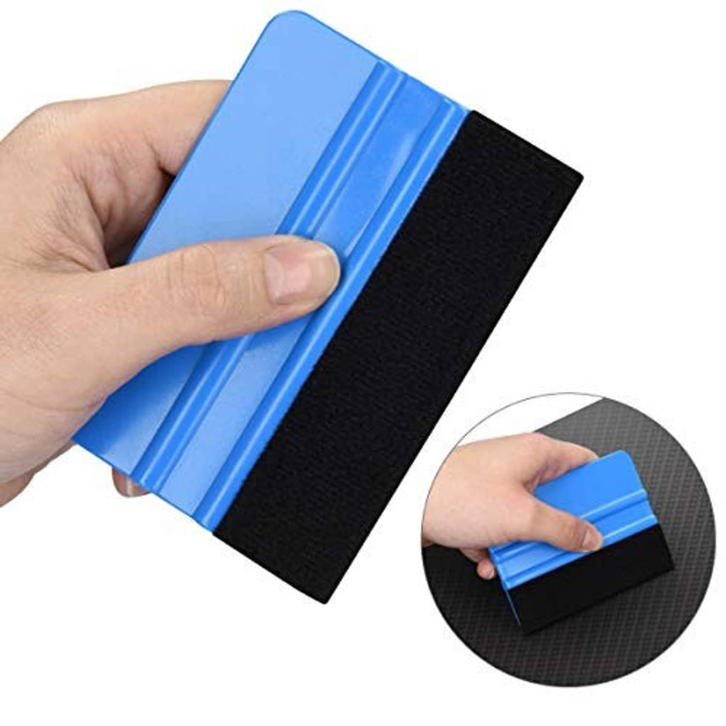 Handheld plastic felt edge squeegee with blue handle and black felt edge