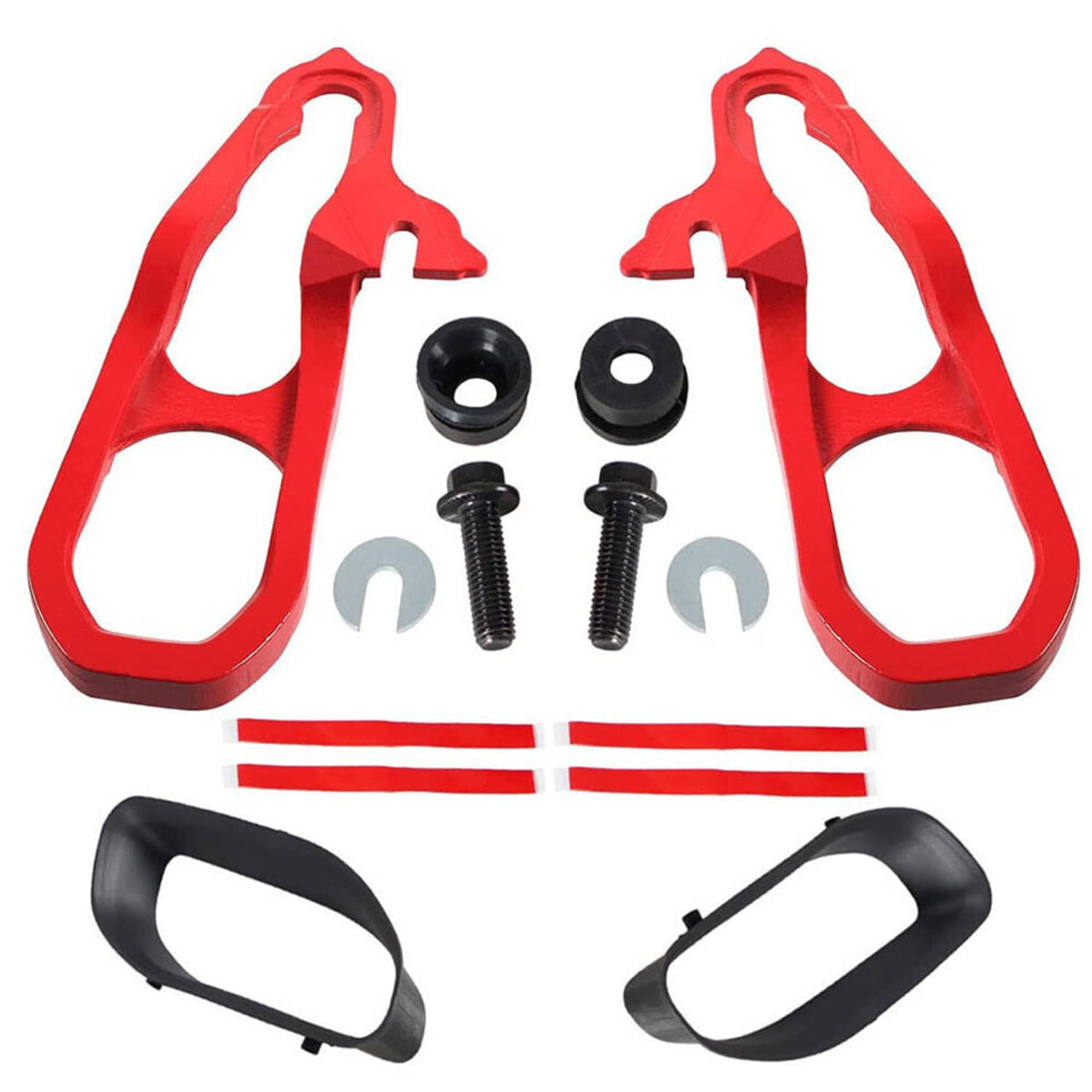 Red tow hook set with mounting hardware: two front hooks, bolts, washers, and brackets