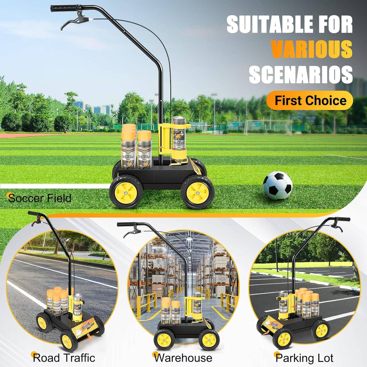 Line striping machine with paint can rack, curved handle, and four yellow wheels