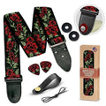 Woven guitar strap, red floral pattern, black adjustable ends with strap locks