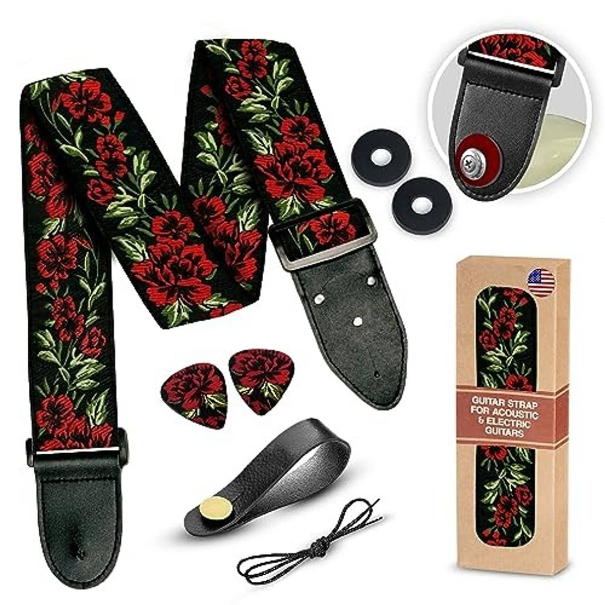 Woven guitar strap, red floral pattern, black adjustable ends with strap locks