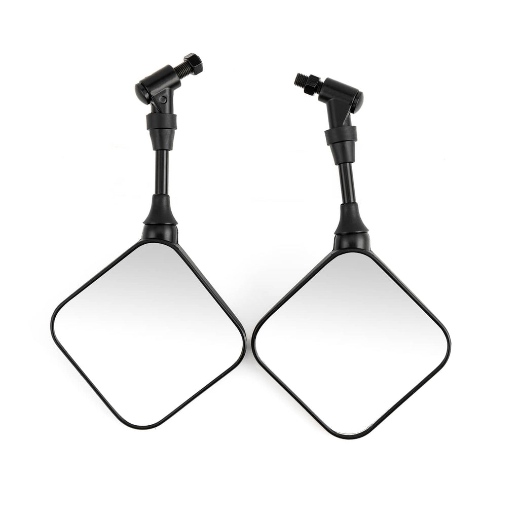Two black square motorcycle mirrors with adjustable ball joints and stems