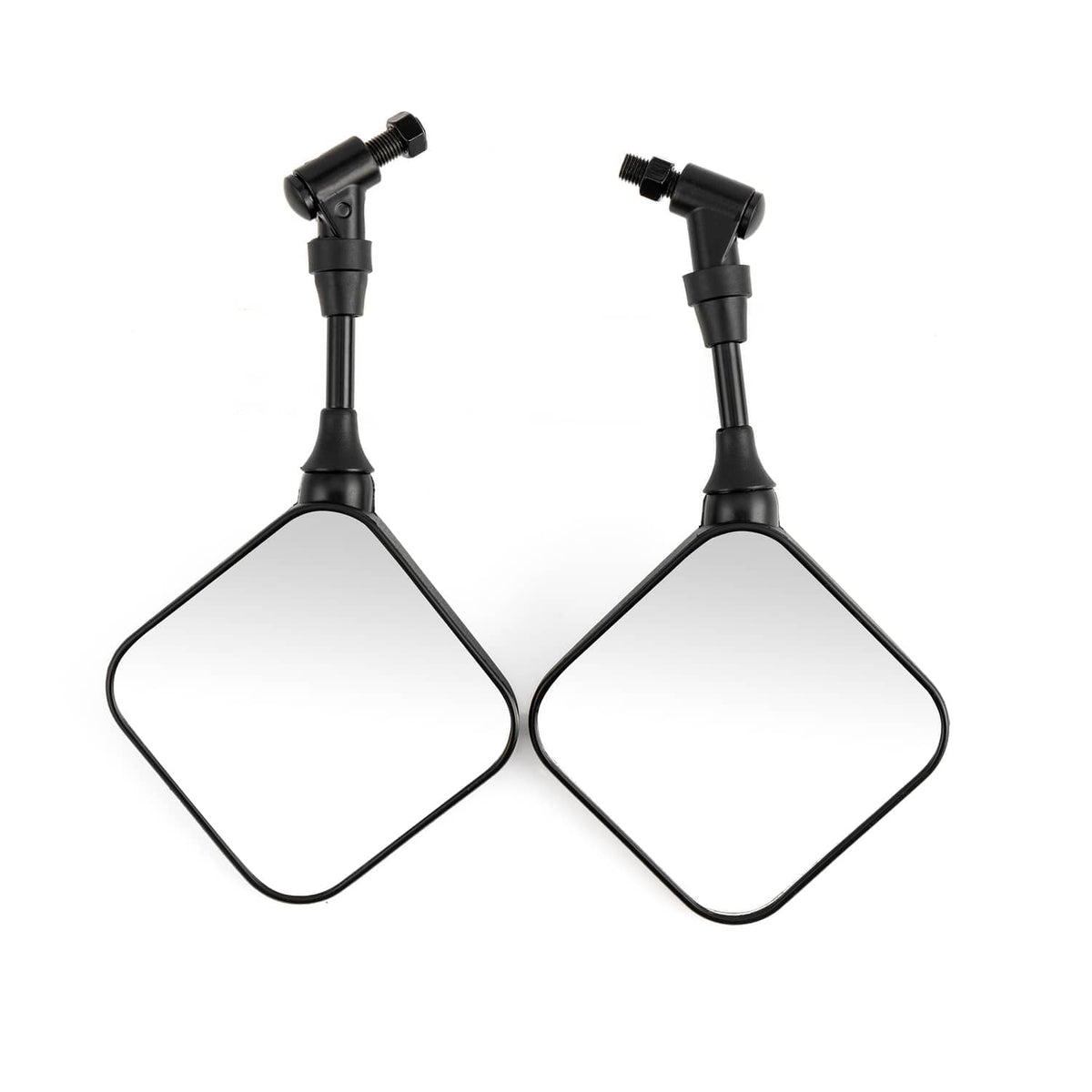 Two black square motorcycle mirrors with adjustable ball joints and stems