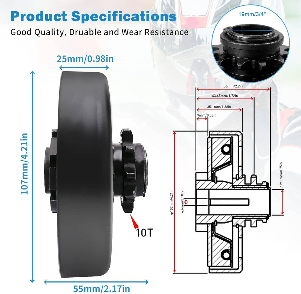 Black go-kart clutch with 10T sprocket showing bore and size dimensions diagram