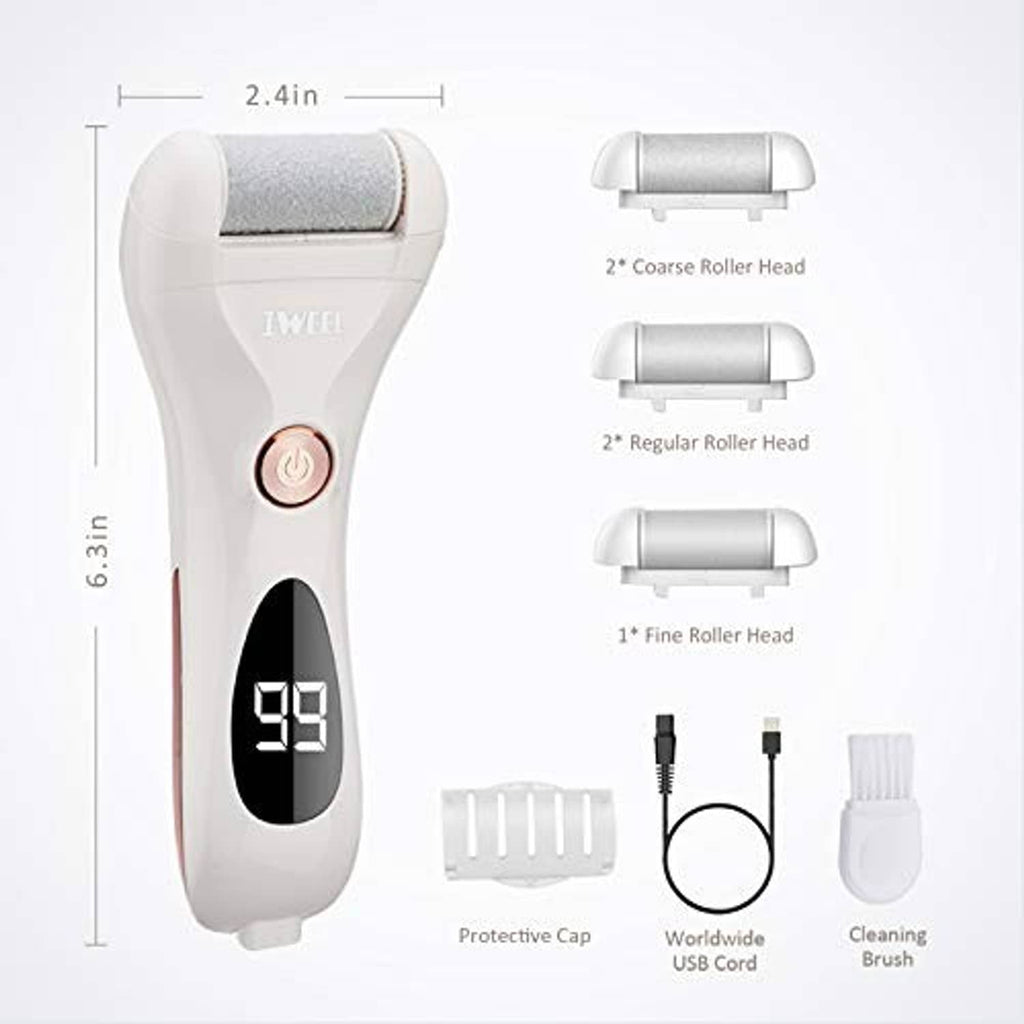 Electric foot callus remover with roller heads and included accessories labeled on diagram